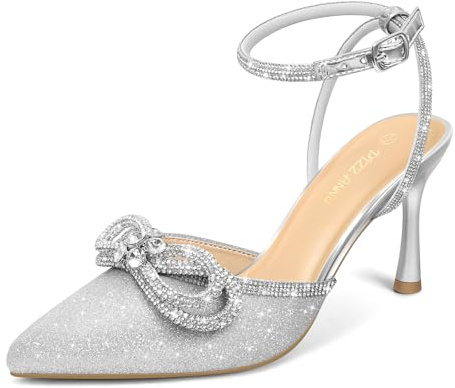 PIZZ ANNU Escarpins Femme à Talon Aiguille Confortable Chaussure de Danse Bout Pointu Lanière Cheville Haut Sexy Heel Dance Shoes Nœud Argenté EU 39