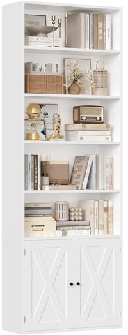 FirFurd Libreria Scaffale 209 cm con 7 Scomparti Aperti, libreria Verticale con Ante, Libreria da Parete con Ripiano Regolabile, per soggiorno, ufficio, cucina, 60 x 23,5 x 209 cm (Bianco)