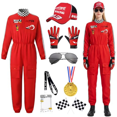 Costume da Pilota di Auto da Corsa per Donna, Racer Overall Outfit con Guanti, Cappello e Occhiali da Sole, Costume da Gioco di Ruolo Adulti, Tuta da Pilota per Carnevale Cosplay Halloween (Rosso, XL)