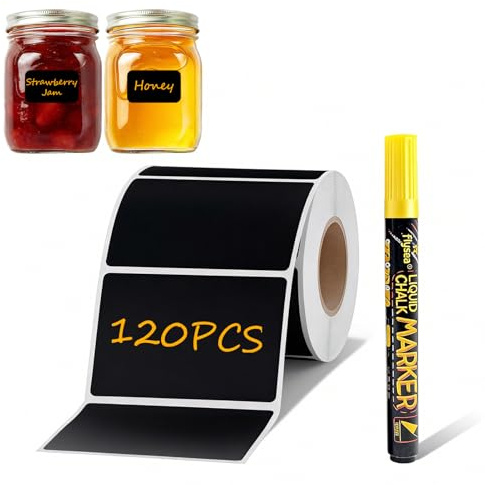 Etiquetas Adhesivas Autoadhesivas para Pizarra 120 Unidades/Rollo (3,5 x 5,5 cm) con Rotulador Amarillo – Pegatinas para Frascos de Especias, Mermeladas y Botellas