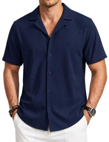 TACVASEN Men's Short Sleeved Shirts Casual Summer Shirt Button Down Tops | Lightweight Textured Beach Holiday Cuban Shirt