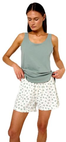 TRAMAS+ Pijama Mujer Verano de Algodón, Conjunto Camiseta Tirantes y Pantalón Corto con Cintura Ajustable, Set Corto de Algodón Estampado, Cómodo, Fresco y Elegante - XL, Juno, Verde Tiffany