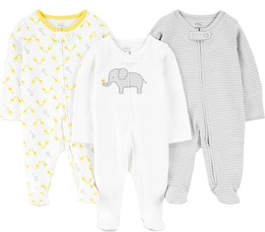 Simple Joys by Carter's Combinaison en coton qui couvre les pieds, pour jour et nuit Bébé Fille, Lot de 3, Blanc Éléphant/Gris Clair Mini Rayures/Girafe, 0-3 mois