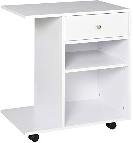 HOMCOM Vinsetto Support d'imprimante Organiseur Bureau Caisson 2 niches tiroir Espace CPU + Grand Plateau Panneaux Particules Blanc