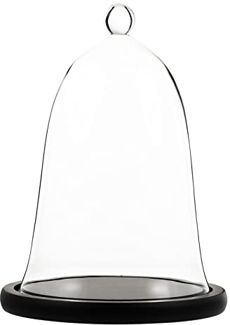 Cupcake Clear Glass Dome Cloche with Rustic Wooden Base Antique Bell Jar Display Dome for Plants Succulents Fairy Lights Photos Medals Decorative Fill and More Black Mini Cake Stand