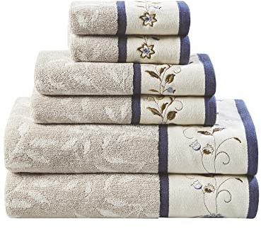 Madison Park Serene - Juego de Toallas de baño 100% algodón, diseño Jacquard de algodón Bordado Floral, Suave y Altamente Absorbente para Ducha, Varios tamaños, Azul Marino, 6 Piezas
