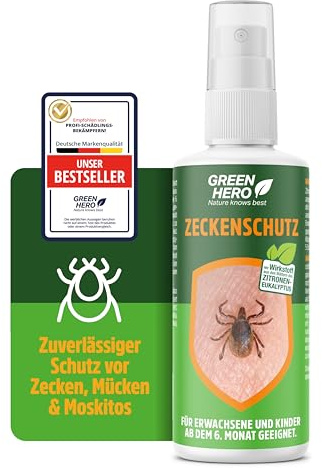 Green Hero Zeckenspray schützt zuverlässig vor Zecken, Mücken & Moskitos 100ml Zeckenschutz mit dem gut duftendem Wirkstoff EC-Öl, geeignet für Erwachsene und Kinder ab dem 6. Monat