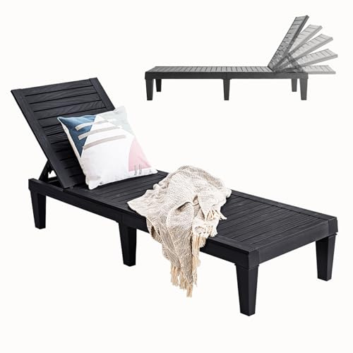 KOMFOTTEU Transat de Jardin en PP, Dossier réglable en 5 Niveaux, Chaise Longue avec Accoudoirs, Bain de Soleil, Charge de 180 KG, pour Balcon, Terresse, Picine, Plage, 190 x 57,5 x 29 cm (Noir)