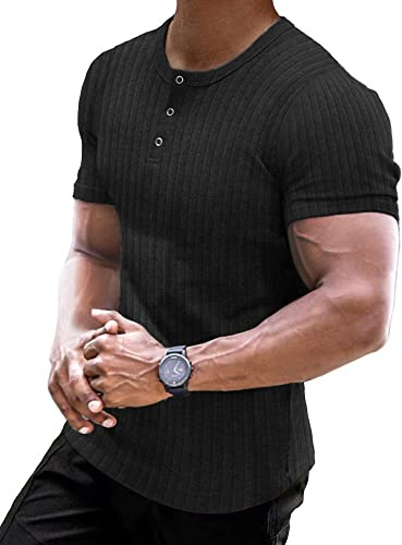 Muscle Cmdr Men's Ribbed Henley Shirt Slim Fit Muscle Shirt Fitted Cotton Short Sleeve Casual Summer T-Shirt Black/S