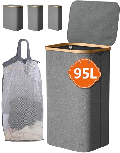 IHOMAGIC Wäschekorb mit Deckel 95L, Wäschesammler mit Henkel, Schmal Wäschekorb mit Innentasche, Faltbarer Wäschebox für Badezimmer, Waschküche, Schlafsaal, Dunkelgrau