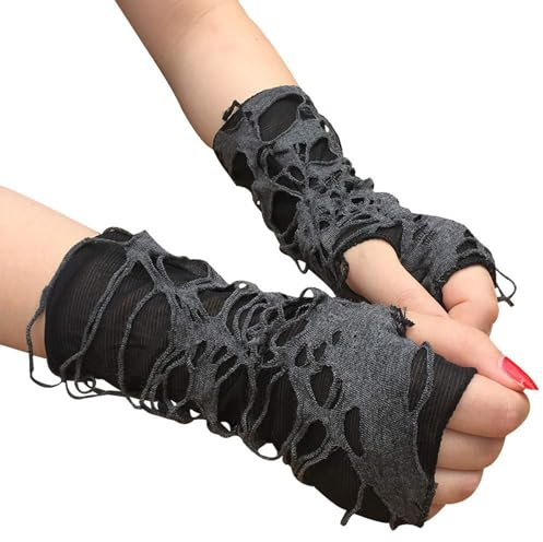NiceYnn Punk Fingerless Long Glove, Shabby Leg Warmer Torn Ripped Gothic | Sleeve Cuffs Arm Warmer For Punk Grunge Street Outfits, Stretchy Soft Fingerless Mittens Gloves for Photo Prop Casual