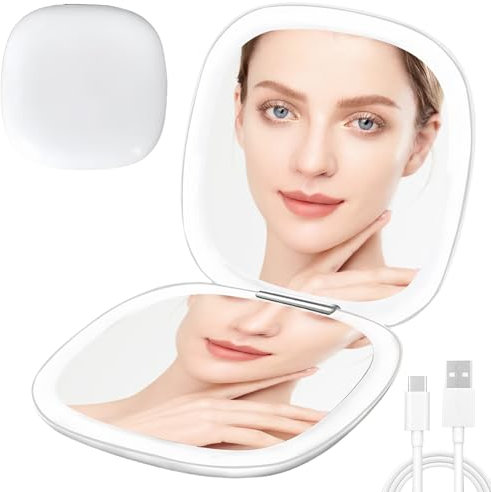 BAIFULAI Taschenspiegel mit Vergrößerung, 1x/10x Vergrößerung Taschenspiegel, Tragbarer Kosmetikspiegel mit Beleuchtung, 3 dimmbare Lichtfarben, Wiederaufladbar,Klappbar für Kosmetik Unterwegs