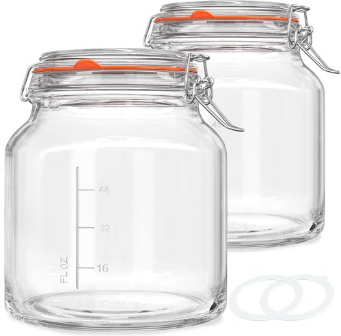 Absovetu 2er Set Rund Einmachgläser mit Luftdicht Deckel, 2.4 Liter Vorratsgläser mit Kapazitätszeichen, Weit Mund Gurkengläser mit Drahtbügel Deckel, Spülmaschinenfest