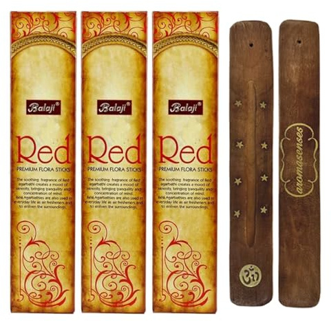 Aromasenses | 3-pack rökelsepinnar Red Balaji Masala + gåva aromsenses rökelsebrännare | Naturlig | 15 g x 3 = 45 g | Avspänning | meditation | Yoga