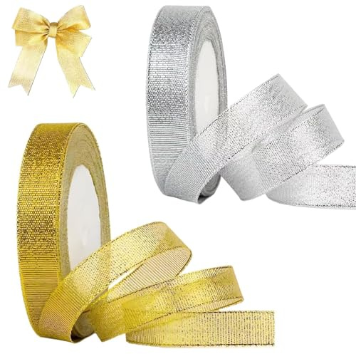 2 Pack Gold Ribbon for Gift Wrapping, 22 M Silver and Gold Ribbons for Gift Wrapping Organza Ribbons for Crafting, Christmas Ribbon for Crafts Suitable for DIY Crafts and Gift Decoration