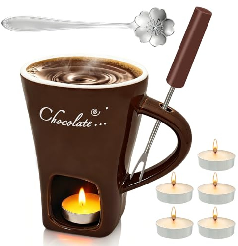 Dongcill Tazza per fonduta di Cioccolato, 200 ml, Set per fonduta di Cioccolato, in Ceramica, con forchetta e tealight – Marrone