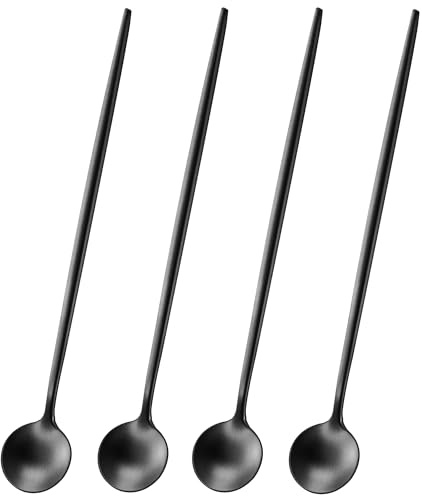 Black 9 Inch Latte Spoons,Durable Long Cocktail Stirring Spoons;Long Handle Iced Teaspoons;Set of 4 Coffee Spoon,Sundae Ice Cream Spoons