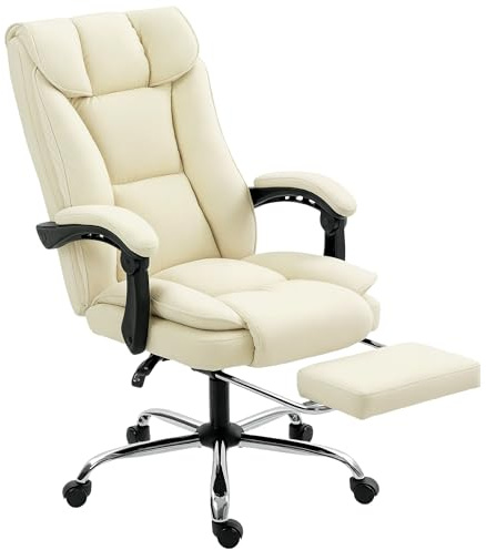HOMCOM Silla de Escritorio con Reposapiés, Silla de Oficina Giratoria, con Respaldo Reclinable y Alto, Acolchado Grueso Doble, Tapizada en Cuero Sintético Resistente, Altura Ajustable, Beige