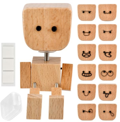 Londehuhai Shaking Wooden Man, Shaking Wooden Man Figurine with 12PCS Magnetic Expressions, Handmade Shak Feet Woodens Doll Gifts for for Car Accessories and Desk Decoration
