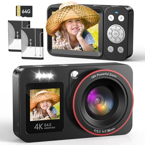 Appareil Photo Numérique 4K 64MP Digital Camera 18X Zoom Numérique Appareil Photo Compact Portable avec 2 Écran, 2 Batteries Carte SD de 64 GB pour Étudiant Débutant Cadeau, Noir