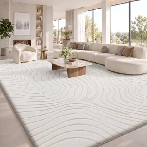 Sour Lemon Rugs Living Room 200x300, Cream and Apricot Area Rug for Bedroom | 3D Geometric Modern Extra Large Rug, Wavy Pattern Washable Soft Shaggy Non Shedding Short Pile Carpet Mat for Kids Room