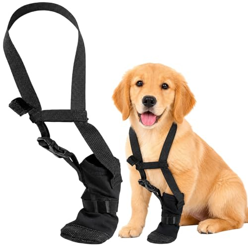 Dog Paw Protectors, Dog Boots for Injured Paws Waterproof – Adjustable Collar Strap Dog Boot with Non-Slip Sole, Breathable Fleece-Lined Dog Shoes for Walking & Wound Protection, Black (Size S)