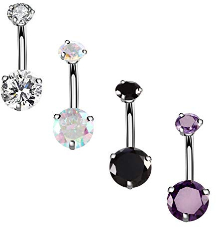 YHMM 14G Surgical Steel Belly Button Rings, Internally Threaded 12mm Long Round CZ Navel Barbell Stud for Women Men (4 Pcs Clear+Colorful+Black+Purple)