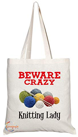 Coralgraph Inc TB353 Beware Crazy Knitting Lady Novelty Present Gift Printed Eco-Friendly Stylish Long Handled Tote Shoulder Bag