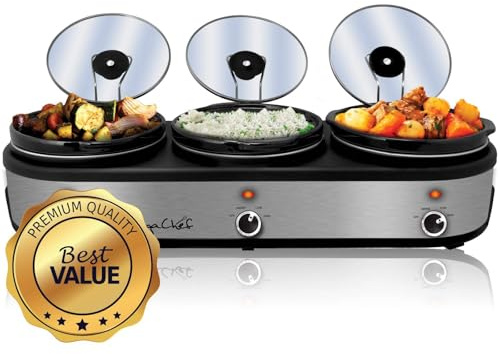 MegaChef Triple 2.5 Quart Slow Cooker and Buffet Server in Brushed Silver and Black Finish with 3 Ceramic Cooking Pots and Removable Lid Rests