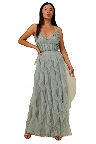 Little Mistress Women's Bridesmaid Ayla Embellished Ruffle Mesh Maxi Dress, Size 14 UK, Waterlily