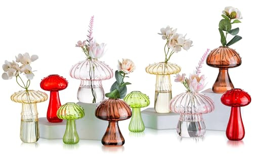 Glasseam Mushroom Propagation Vase, Colored Flower Vases Decorative Set of 10, Unique Small Glass Vases for Flowers,Aesthetic Mini Cute Vase Decor, Hydroponic Bud Vase for Bedroom Bathroom Kitchen