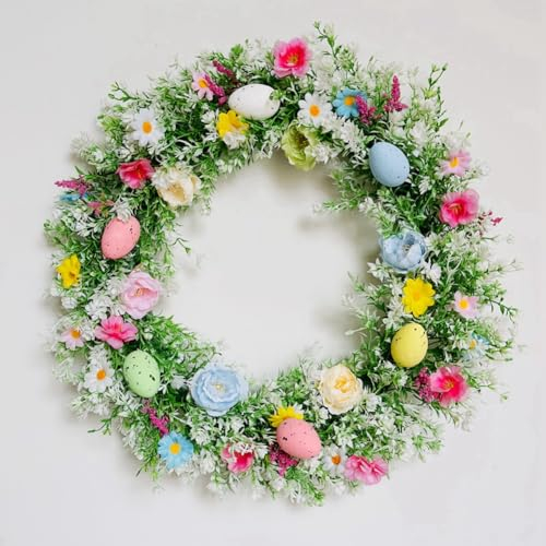 Bullpiano Osterkränze für Haustür, 40 cm, bunter Ostereierkranz mit Blättern, künstlicher Frühlingskranz, Osterdekoration, Frühlingsdekorkranz, Oster-Hängeornamente, Ostergirlande (45 cm-A)