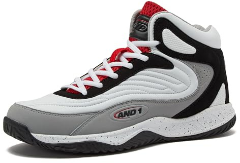 AND1 Pulse 3.0 Basketballschuhe für Herren, drinnen oder draußen, Street oder Court Basketball-Sneaker für Herren, Schwarz, Rot oder Weiß, Größe 40 bis 48, Weiß/Mittelgrau/Schwarz, 14.5 Women/13 Men