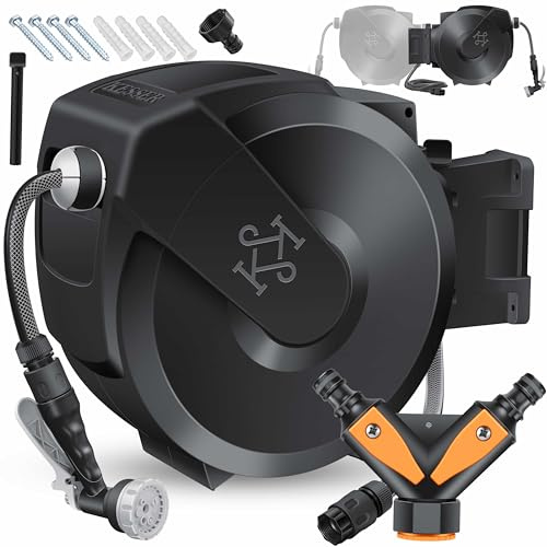 KESSER® Avvolgitubo con Tubo da Giardino 25 m, a Parete, Avvolgitubo girevole a 180° e a rientro automatico, Portagomma a Parete con Doccia a mano a 7 funzioni, Antracite/Nero