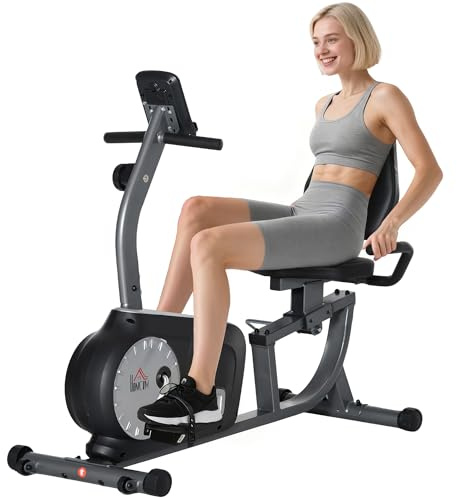 HOMCOM Bicicleta Estática con Respaldo Ajustable Bicicleta Estática Reclinada con 8 Niveles de Resistencia Magnética Asiento Regulable Sensor de Pulso Pantalla LCD Ruedas para Casa Gimnasia