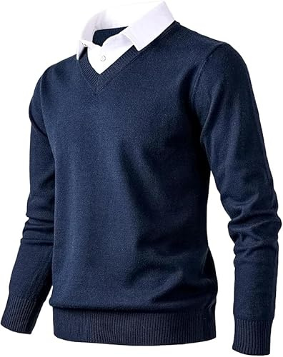 Herothorn Jersey de Punto para Hombre Jersey de Moda Suave al Tacto con Cuello en V y Camisa de Cuadros o Cuello Blanco.
