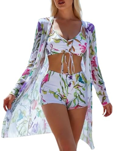 Xumplo Womens 3 Piece Bikini Sets with Long Sleeve Cover Ups Swimming Costume Ladies Floral Print Halter Tops+Bottoms+Cardigan Beachwear Bathing Suits-XL