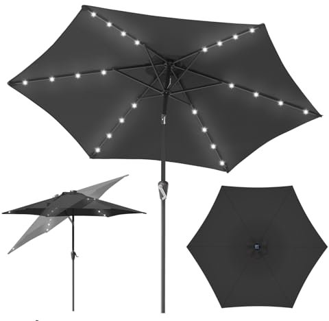 Fiqops Sonnenschirm LED Solar Ø 270 cm Grau mit Kurbel | Ampelschirm Gartenschirm Sonnenschutz 30° knickbar UV Schutz 50+, Kurbelschirm Marktschirm wasserdicht für Garten, ohne Ständer