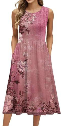 HSUAYEUD Summer Dresses for Women 2026 Crew Neck Sleeveless Dress Boho Beach Vacation Dress Floral Midi Dress with Pockets