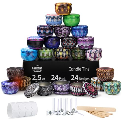 Luxetins Pack of 24 Craft Tins with Mandala Design (24 Designs) - Complete Set with Lids, Wicks, Holders & Stickers (24 x 120 ml)