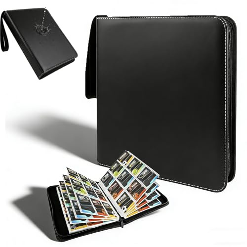 AEMCHDM Pocket Trading Card Zip Binder, 3 Ringbuch-Album mit 450 Kartenfächern, A4-Bindekarte Sammler mit 50 Pack 9-Pocket-Seiten, PU Karten Halter Mit Reißverschluss und Schwarz Lederbezug