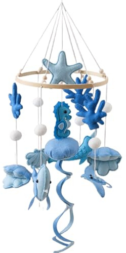 Giostrina per Culla a Tema Marino – Medusa Blu Appesa | Decorazione Nursery, Legno e Feltro Cucito a Mano, Sonno, Accessorio Lettino Passeggino, Regalo Bãby Shower, Bambini, Foto Prop