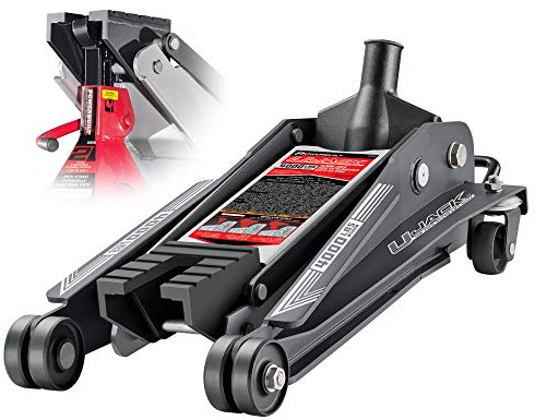 Powerbuilt 2 Ton U-Jack Garage Jack, 3000 LBS Loading Capacity, Lift Range: 4-1/2-Inch to 18-3/4-Inch, Unique Saddle for sliding jackstand into - 620516