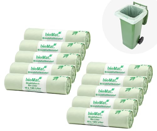 bioMat Kompostierbare 120l Müllsäcke, 100 Biomüllbeutel für Biotonne, Restmülltonne, Premium-Qualität, Klimaneutral, Made in Germany