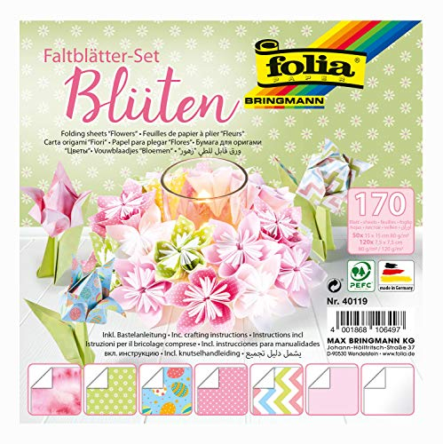 folia 40119 - Faltblätter-Set Blüten in 2 Größen, 50 Blatt im Format 15 x 15 cm + 120 Blatt im Format 7,5 x 7,5 cm, sortiert in 7 Motiven, für wunderschöne Faltfiguren, -blüten und Schmetterlinge