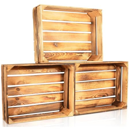 CHICCIE 3 Set Geflammte Obstkisten - 50x40x15cm Holzkisten Weinkisten Obstkiste