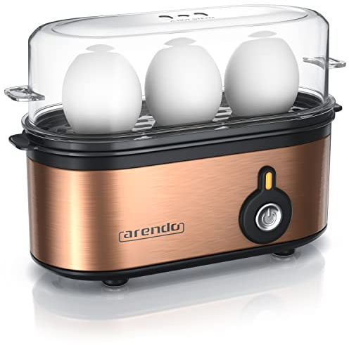 Arendo - Cuiseur à oeufs en acier inoxydable Threecook, Egg cooker 1-3 oeufs, Dur, Mollet ou à la Coque, Verre doseur avec Perce, Indicateur Lumineux, 210W, Base anti-dérapante, sans BPA, certifié GS