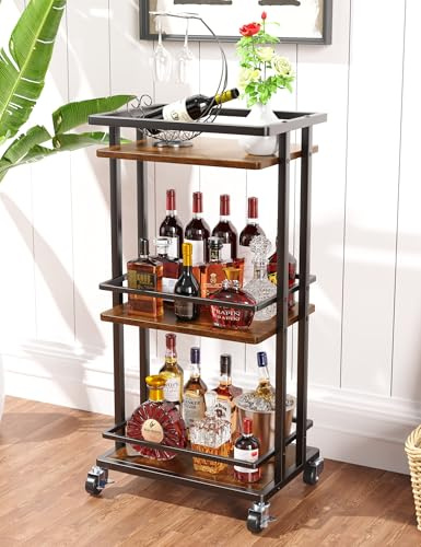 OKZEST Chariot de bar à 3 niveaux pour la maison, mini bar à liqueurs à roulettes pour vin, boissons, dîners, fêtes, îlot de rangement de cuisine, chariot de service sur roulettes, armoire de bar à