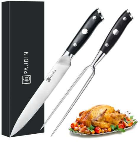PAUDIN Carving Knife and Fork Set, Meat Carving Knife Set German High Carbon Stainless Steel, Turkey Knives with Ergonomic Handle, Full Tang Professional Brisket Knives for BBQ