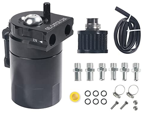 AOCISKA Aluminum Oil Catch Can,Baffled Oil Catch Can Kit,300ml Oil Reservoir Tank,Oil Separator Catch Can with Hose Kit,Universal Oil Catch Can Tank Polish Baffled Reservoir (Black1)